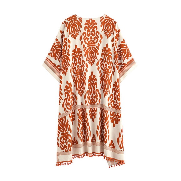 🔥NEW🔥rayon printed kimono robe cover up tassels in BLAC 🖤Aztec tribal print - Picture 4 of 5